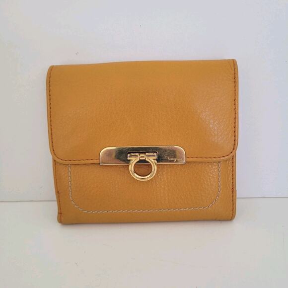 Salvatore Ferragamo Gancini Wallet Medium Bifold Mustard Yellow Leather Unisex - Picture 1 of 12